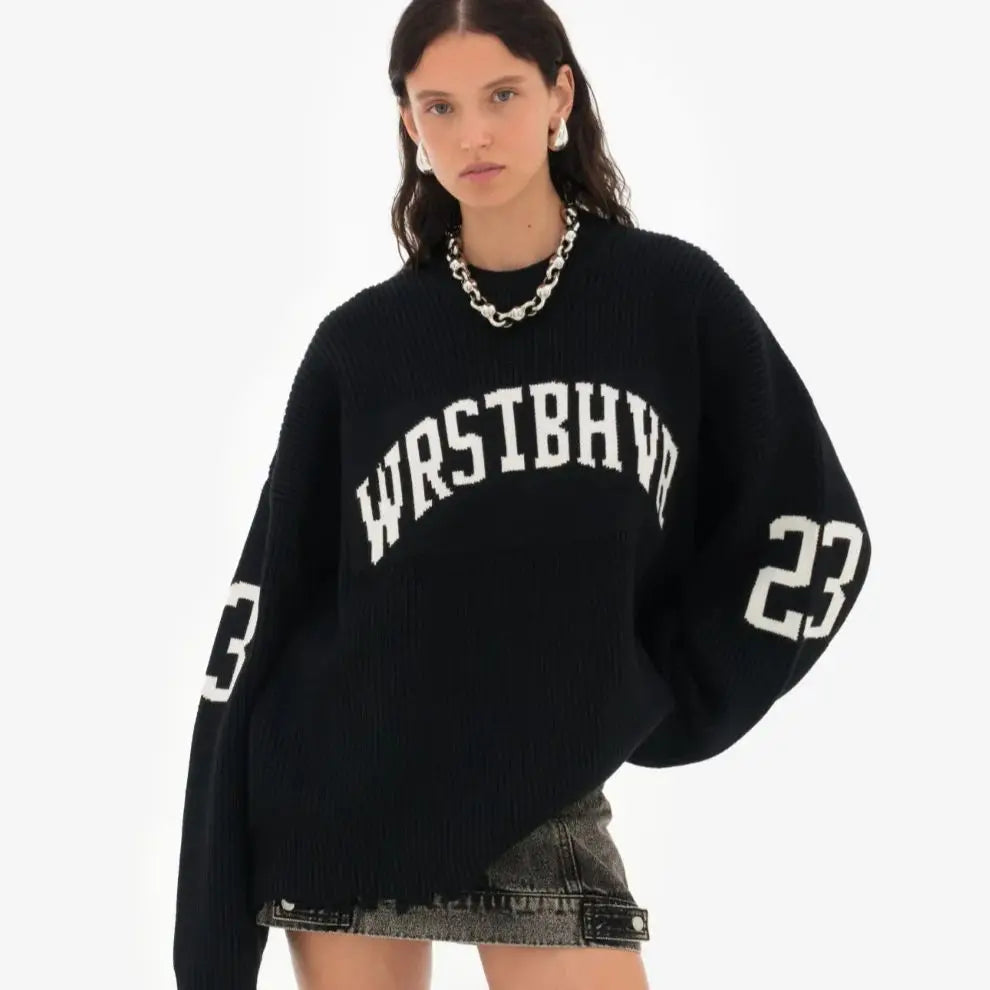 Trendiger lockerer Buchstaben-Jacquard-Strickpullover Damen 2025 Herbst Neu Highstreet Grau Schwarz Weicher Pullover Hottie Vielseitige Teile
