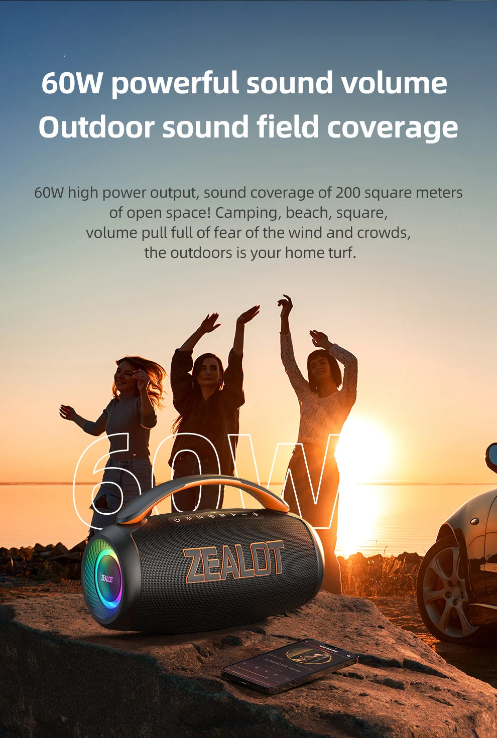zealot-P12 Lautsprecher 60W Bluetooth-Lautsprecher Tragbarer Lautsprecher mit 10 Stunden Spielzeit, Tragegriff, für Camping, Party, TWS, AUX