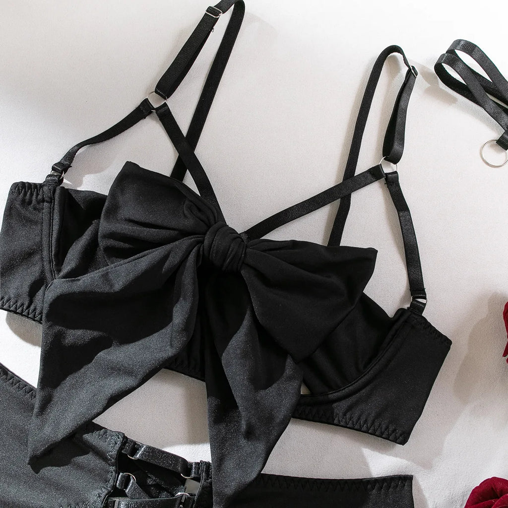 Sexy Dessous-Set mit Schleifenverzierung, durchbrochen, für Damen, einfarbig, exotische Bekleidung, weiblicher Stil, reine Begierde, Unterwäsche mit Strapsen und Handschuhen