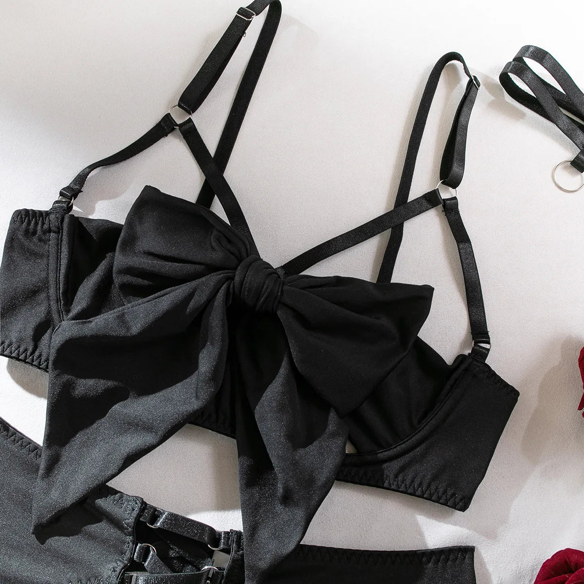 Sexy Dessous-Set mit Schleifenverzierung, durchbrochen, für Damen, einfarbig, exotische Bekleidung, weiblicher Stil, reine Begierde, Unterwäsche mit Strapsen und Handschuhen