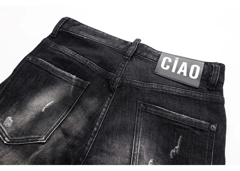 Street Fashion Herren Eng Schwarz Grau Jeans Retro Elastische Schlankmachende Split-Style Jeans Herren Retro Designer Brand Jeans Hombre