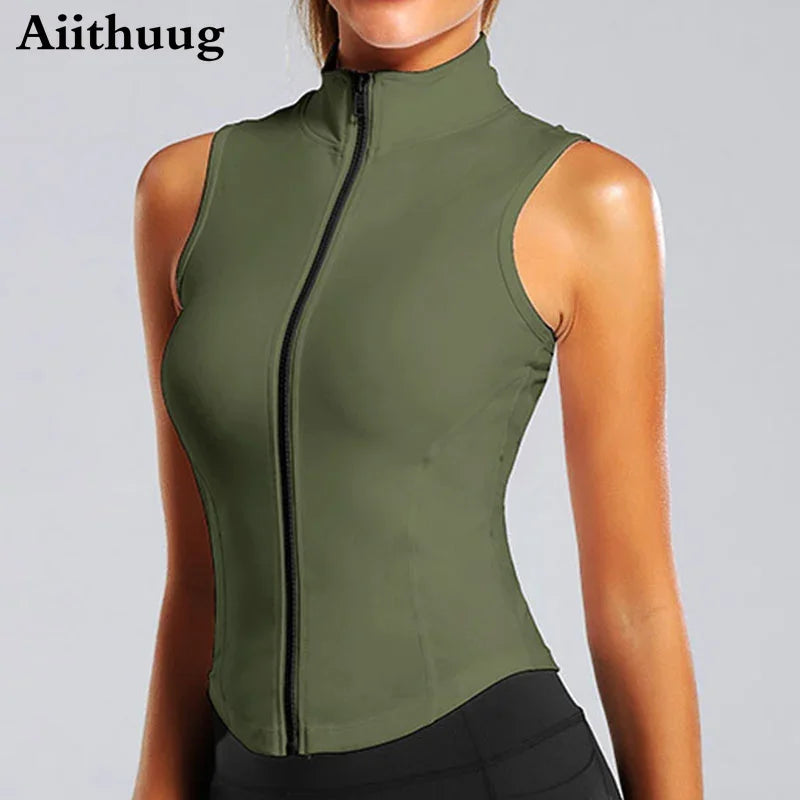 Aiithuug Athletic Reißverschluss-Sweatweste Jacke Ärmellose Lauf-Yoga-Tops Stehkragen-Shirts Sport-Top Fitness Damen Workout-Tops Hauptbild