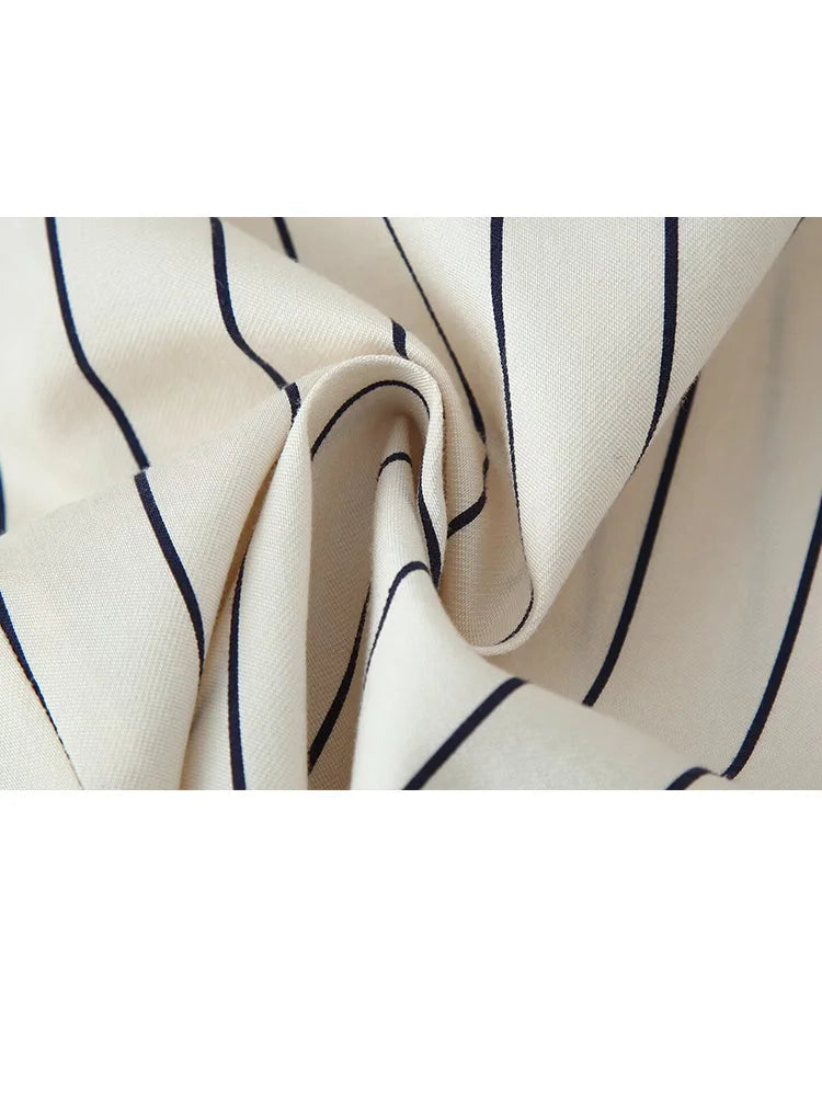 HH Damen Frühling Neue Mode Vintage Vielseitige Beige Gestreifte Puffärmel-Shirt + Hochtaillierte Lockere Plissierte Lässige Lange Hose Set