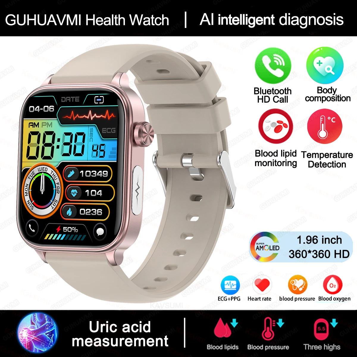 2025 Neue KI-Diagnose Blutfette Harnsäure Körperzusammensetzung Test Smartwatch für Herren EKG+PPG Bluetooth Anruf Gesundheits-Smartwatch