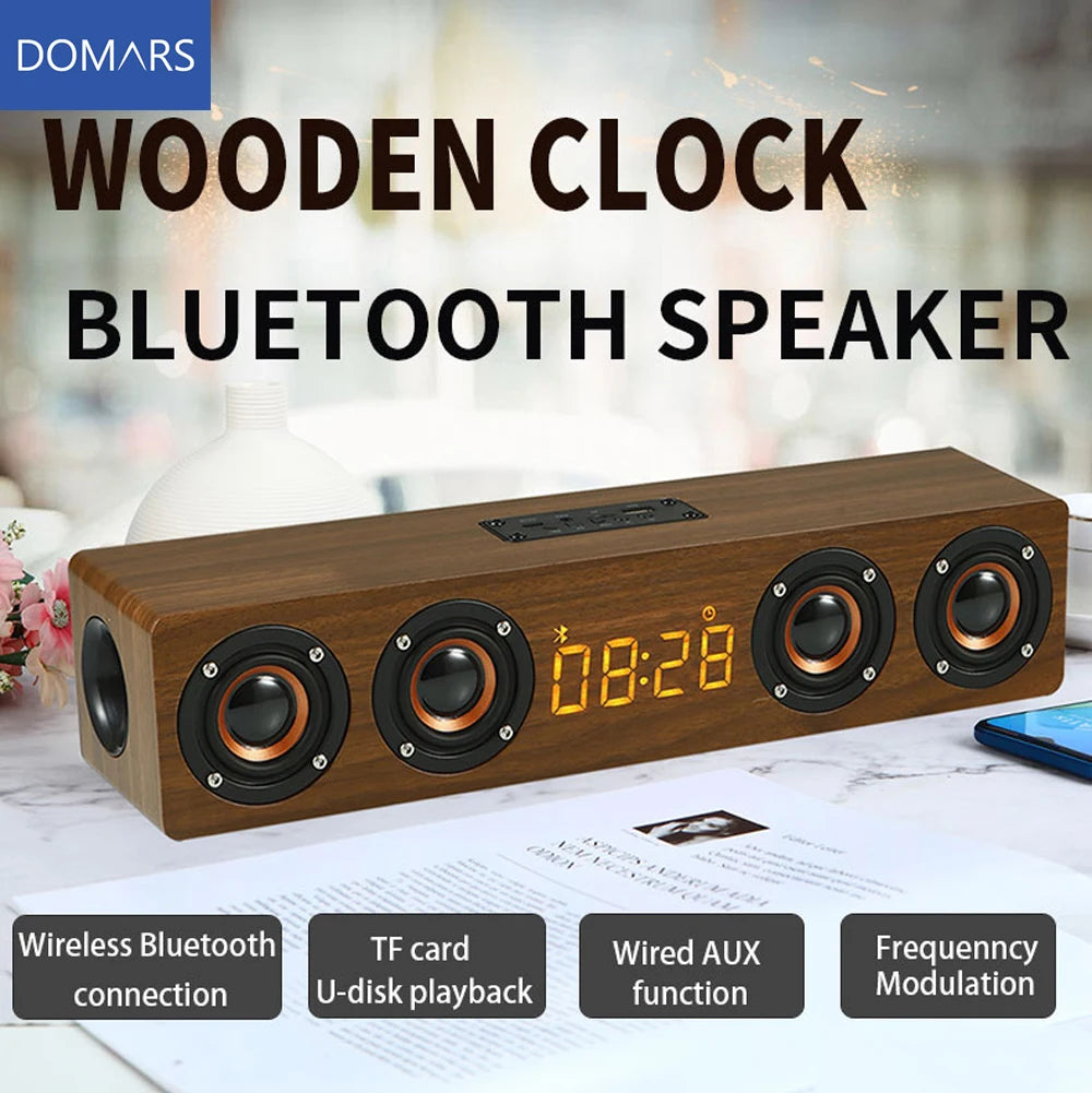 Domars Drahtlose Bluetooth 5.0 Lautsprecher Holz Wecker Display Soundsystem Player mit AUX TF FM Radio Subwoofer Box Hauptbild