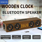 Domars Wireless Bluetooth 5.0 Speakers Wooden Alarm Clock Display Sound System Player with AUX TF FM Radio Subwoofer Box