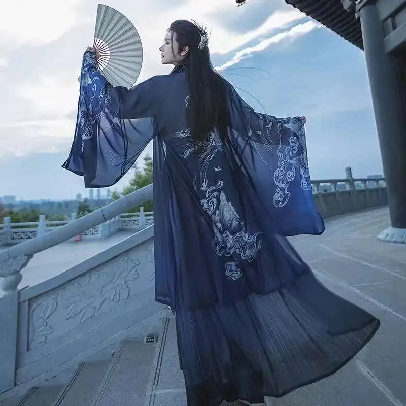 Originelles Chinesisches Blumenwolken Hanfu Kleid Herren Damen Traditionelles Weijin-Perioden Farbverlauf Kostüm Nischen Fee Cosplay Kleidung