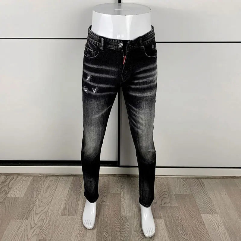 Street Fashion Herren Eng Schwarz Grau Jeans Retro Elastische Schlankmachende Split-Style Jeans Herren Retro Designer Brand Jeans Hombre