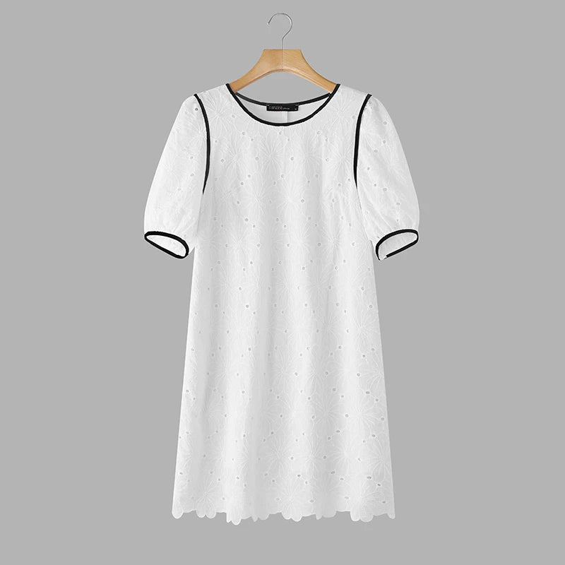 ZANZEA Sommerkleider für Damen, Lochstickerei, O-Ausschnitt, halbe Puffärmel, kontrastfarbene Borte, knielanges Kleid, lässige A-Linien-Roben