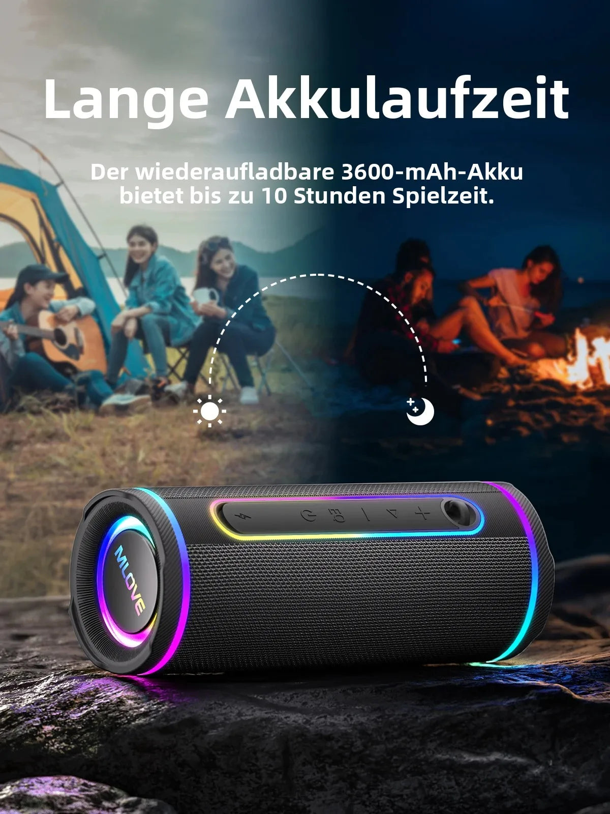 MLOVE E80 Tragbarer Bluetooth-Lautsprecher – Leistungsstarker Dual-Sound, farbenfrohe RGB-Beleuchtung, vollständig wasserdicht (IPX7), TWS-fähig