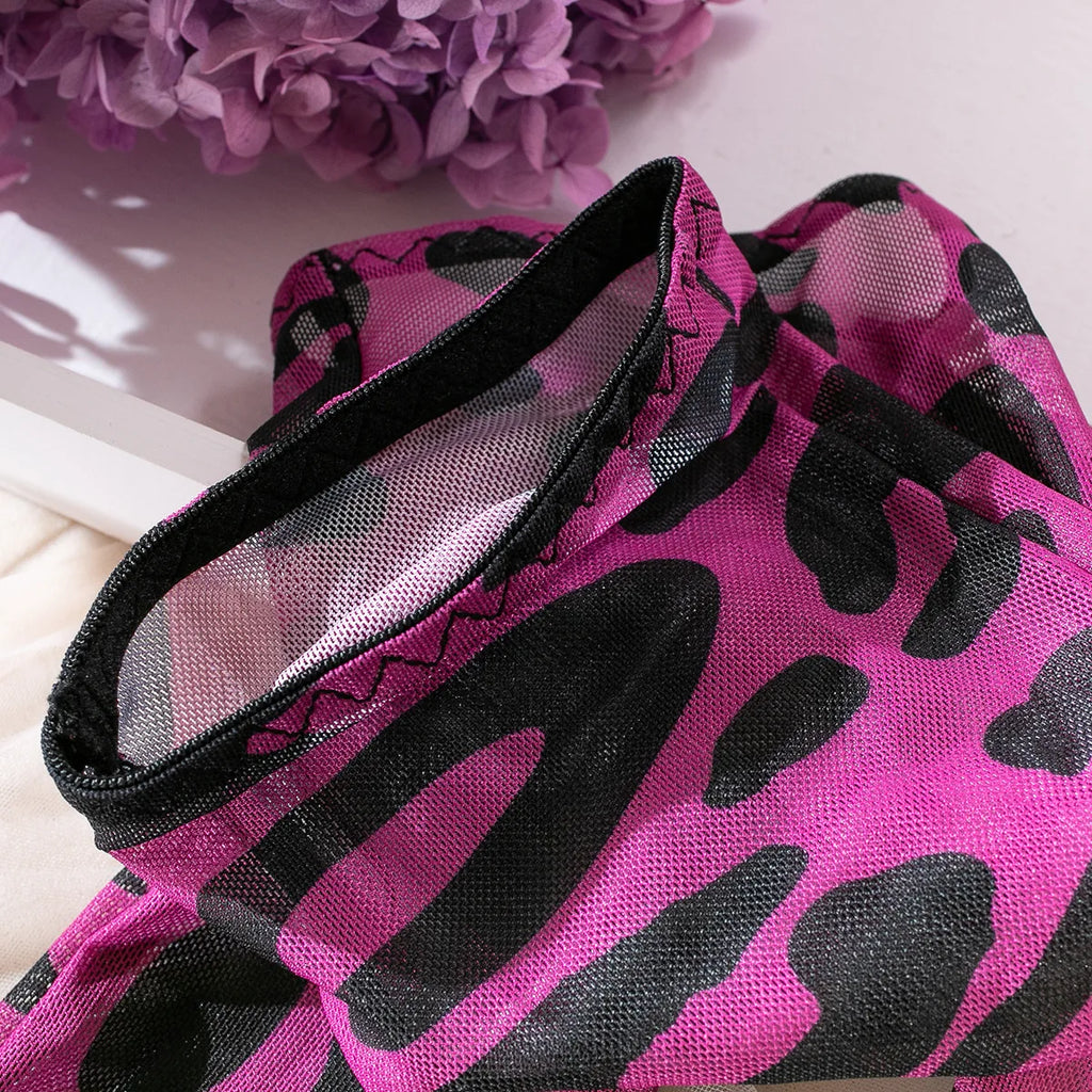 Sexy rosa Leoparden-BH-Handschuhe Beinsocken Dessous-Set Damen Perspektive Bequemes Mesh Exotische Kleidung Unterwäsche Anzug