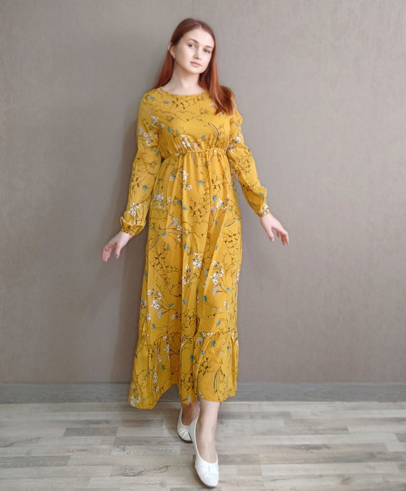 Frühling Sommer Damen Maxikleider Casual Langarm Geblümt O-Ausschnitt Damen Boho Strandparty Langes Kleid Mujer Vestidos