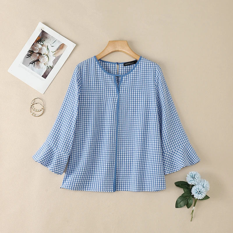 ZANZEA Damen Sommer Plaid Patchwork Bluse 3/4 Glockenärmel Cut Out Tops Lässiges lockeres Hemd Retro Chemise Damen Arbeitsblusen