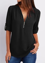 2024 Qualität Heißer Verkauf Plus Size Tiefer V-Ausschnitt Damenbluse Chiffon Coole lockere Hemd Mode Freizeit Damen Tops Sexy Reißverschluss Pullover