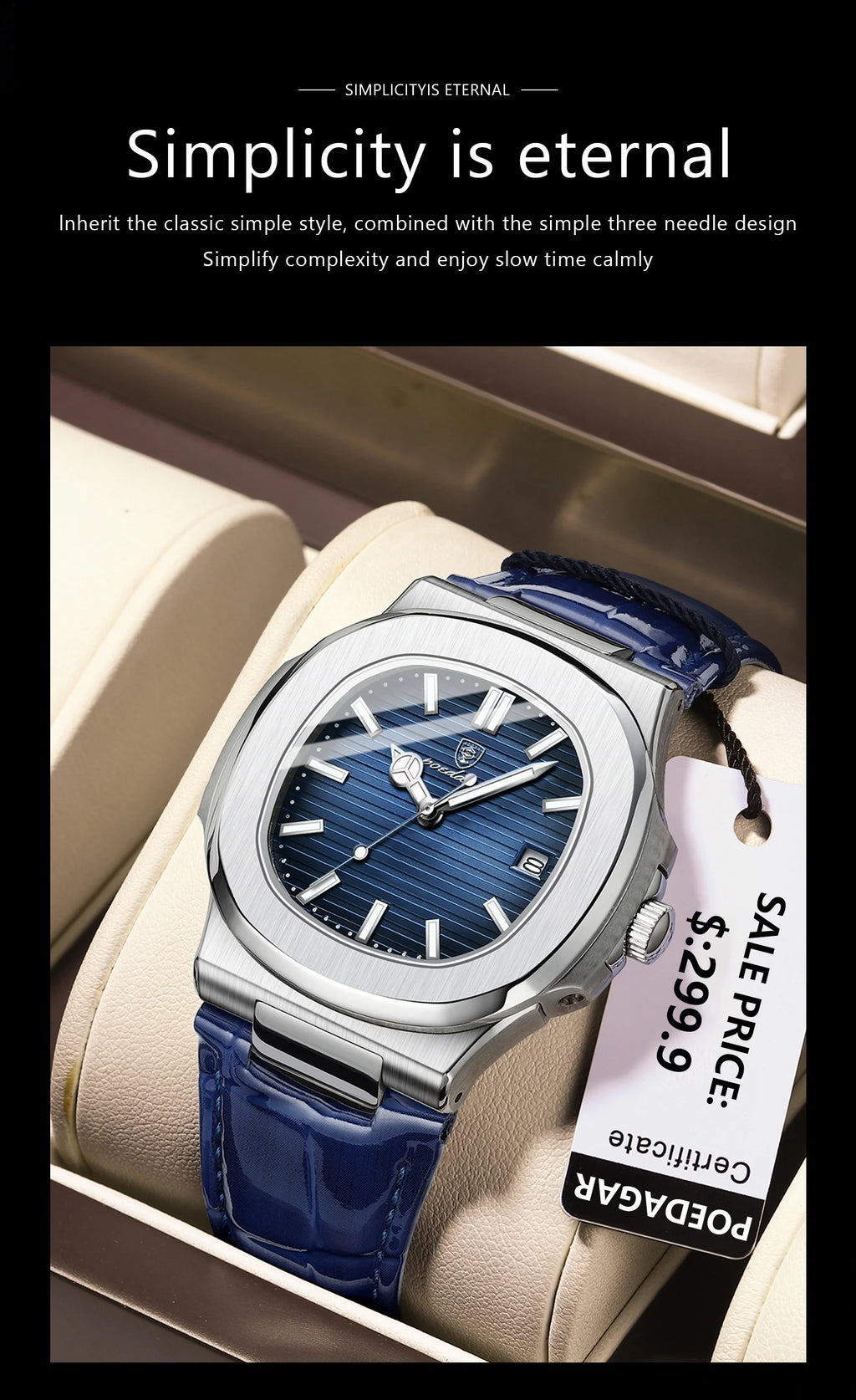 POEDAGAR Top Luxus Quadratische Herrenuhr Datum Wasserdicht Leuchtend Herren Armbanduhr Hochwertige Leder Herren Quarzuhren+Box Reloj