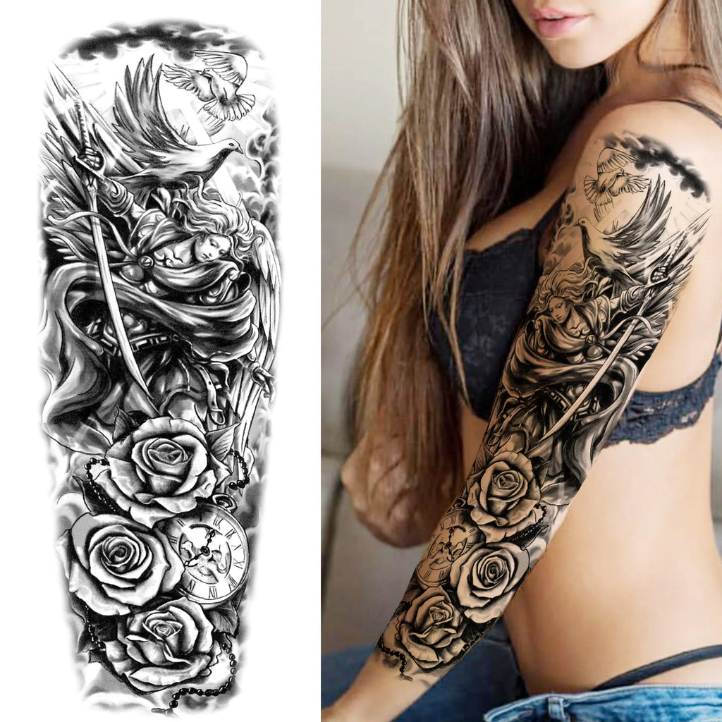 Kompass Roboterarm Temporäre Tattoos Ärmel für Männer Frauen Realistische Gefälschte Totenkopf Engel Ganzarm Tattoos Maori Totem Tattoo Aufkleber