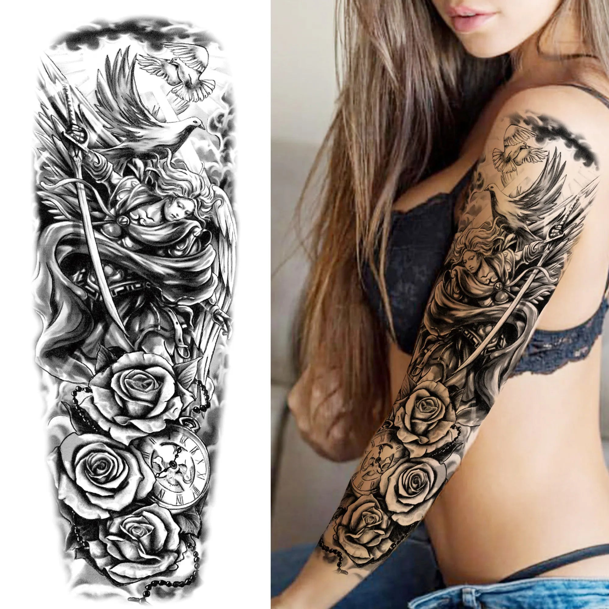 Kompass Roboterarm Temporäre Tattoos Ärmel für Männer Frauen Realistische Gefälschte Totenkopf Engel Ganzarm Tattoos Maori Totem Tattoo Aufkleber