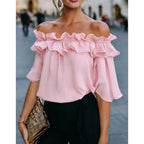 Mode Rüschen Sexy One Shoulder Damen Kurzarmshirt Sommer Neu Lässige Weite Oberteile Weibliche Elegante Vielseitige Bürobluse