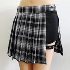 Gefaltete Mädchen Gothic Halbröcke Sommer Harajuku Punk Style Karierte Unregelmäßige Röcke Damen Asymmetrische Hohe Taille Schwarze Röcke