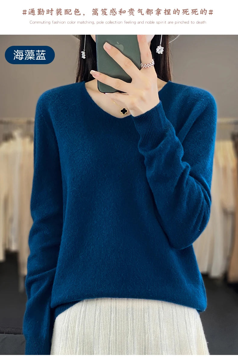 Damen 100% Merinowolle Pullover V-Ausschnitt Basic Pulli Herbst Winter Kaschmir Kleidung Langarm Weiche Strickware Oberteile Unifarben