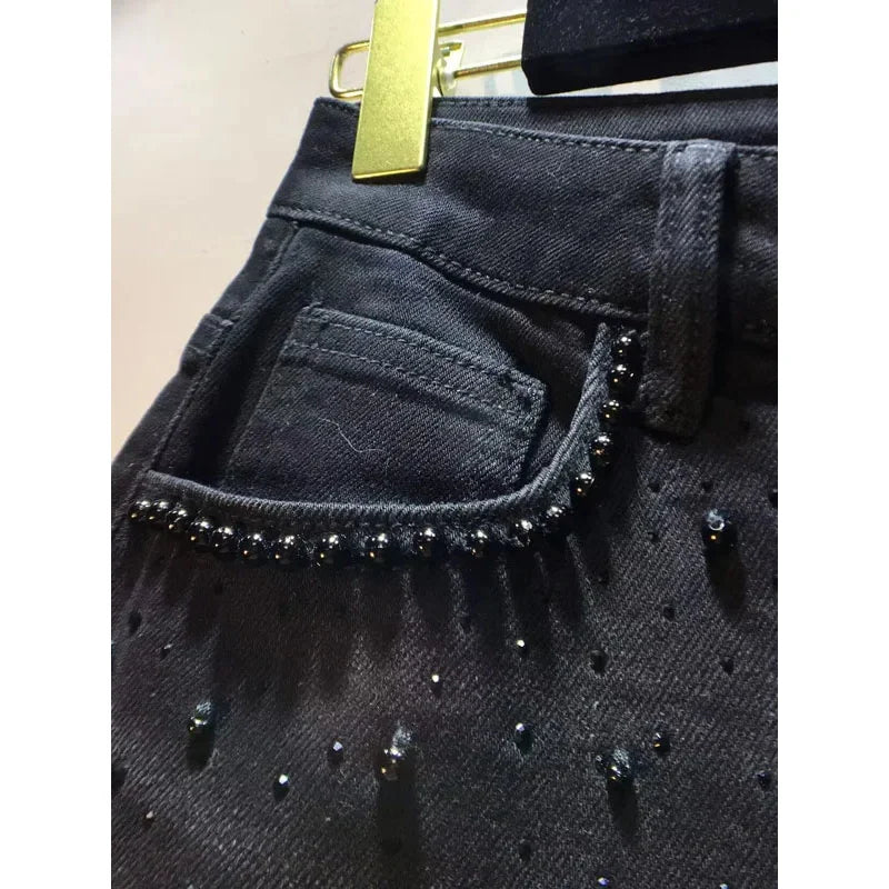 Neue Sommer Denim Patchwork Hakenblume Aushöhlen Spitze Gerade Weite Hose Casual Hohe Taille Schwere Stickerei Strass
