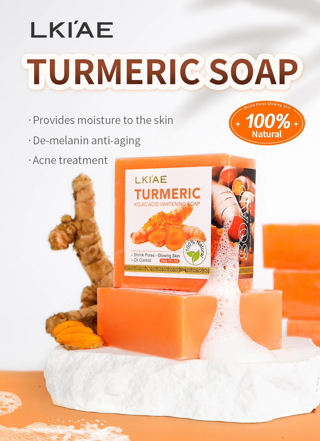 LKIAE Bio-Kurkuma-Seife, natürliche Kräuter-Handgemachte Aufhellungsseife, entfernt Melanin, Akne, Flecken, für Gesicht und Körper, 200g