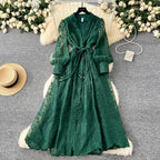 Frühlings-Herbst Französisches High-End Damenkleid Neue Spitze Stickerei V-Ausschnitt Laternenärmel Einreiher Party Geburtstagskleid C192