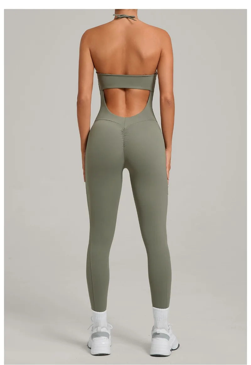 Damen Yoga Jumpsuits Sport Fitness Einteiler Schönheits-Rückengurt Tasche Hüfthebend Slim Fit Laufen Workout Training Bodysuit