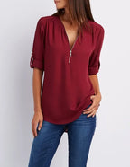 2024 Qualität Heißer Verkauf Plus Size Tiefer V-Ausschnitt Damenbluse Chiffon Coole lockere Hemd Mode Freizeit Damen Tops Sexy Reißverschluss Pullover