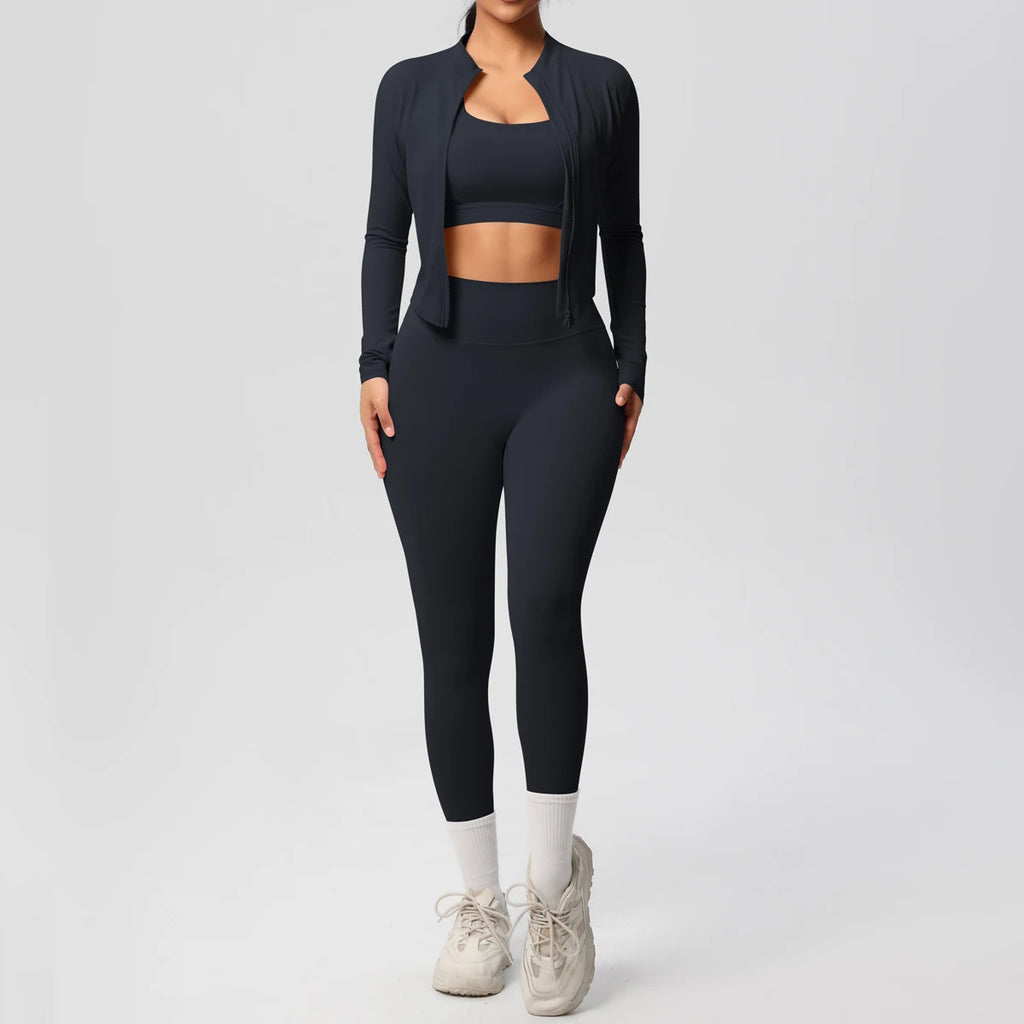 3-teiliges Sportbekleidung Yoga-Set Gym Sport-BH Reißverschlussjacke Leggings Kleidung Sportbekleidung Yoga-Anzüge für Damen Fitness-Set Trainingsanzug