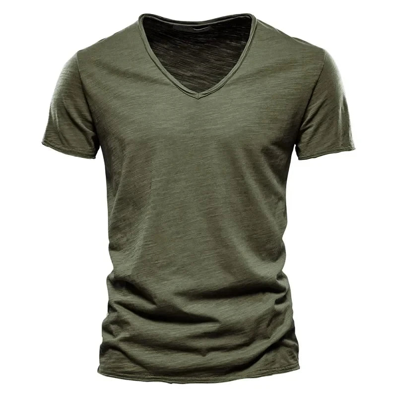 Frühling Sommer Baumwoll-T-Shirts Herren 2025 Schlichtes V-Ausschnitt Stretch Uni Neue Oberteile Kleidung Freizeit-T-Shirt Mann Streetwear Coole T-Shirts