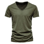 Frühling Sommer Baumwoll-T-Shirts Herren 2025 Schlichtes V-Ausschnitt Stretch Uni Neue Oberteile Kleidung Freizeit-T-Shirt Mann Streetwear Coole T-Shirts
