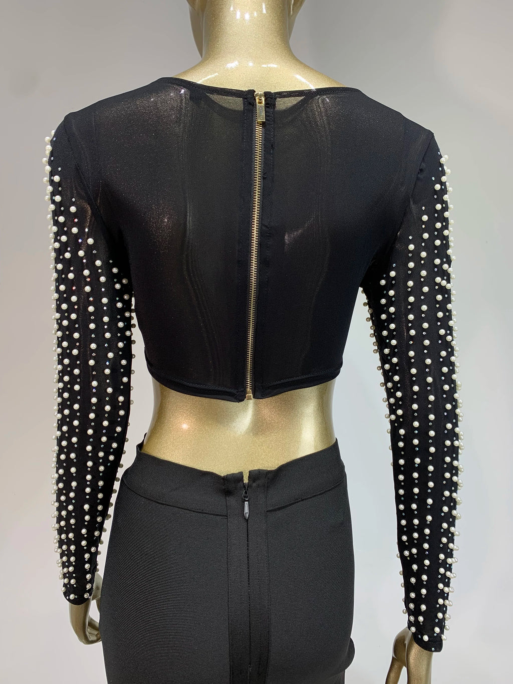 Sexy O-Ausschnitt Langarm Mesh Perlen Beige Schwarz Celebrity Midi Damen Bandagen-Set 2024 Designer Abendparty Damen-Set