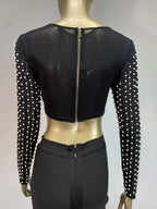 Sexy O-Ausschnitt Langarm Mesh Perlen Beige Schwarz Celebrity Midi Damen Bandagen-Set 2024 Designer Abendparty Damen-Set