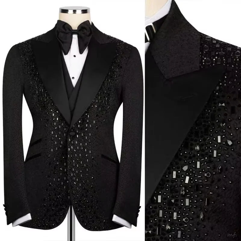 Luxuriöses Kostüm Herrenanzug 2-teiliges Set Strass Kristalle Schalkragen Maßgeschneiderte Hochzeit Slim Fit Smokings Blazer für den Bräutigam