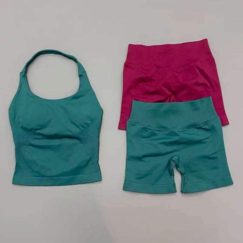 2-teiliges Sportset Damen Rückenloses Tanktop Hohe Taille Scrunch Nahtlose Shorts Fitnesskleidung Activewear Trainingssets Gym Anzug