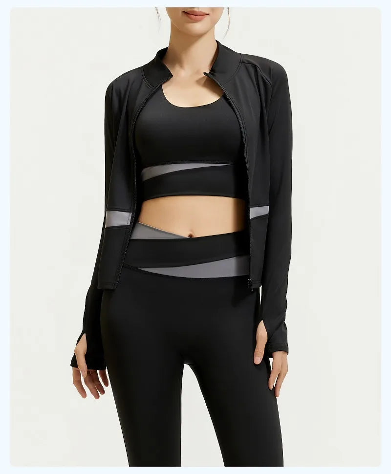 Yoga Set 3-teilig, Gym Kleidung, Sportbekleidung, Yoga Anzüge für Damen, Langarm Crop Top, Fitness Set, Trainingsanzüge, Sport-BH, Gym Leggings