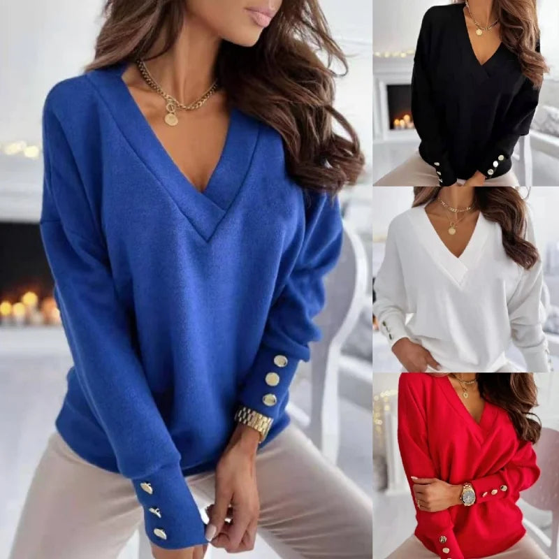 Frühling Herbst Damen Reiner Weicher Langarmpullover V-Ausschnitt Mode Jumper Büro Dame Knopf Lockerer Freizeit Pullover Oberteil Pullover