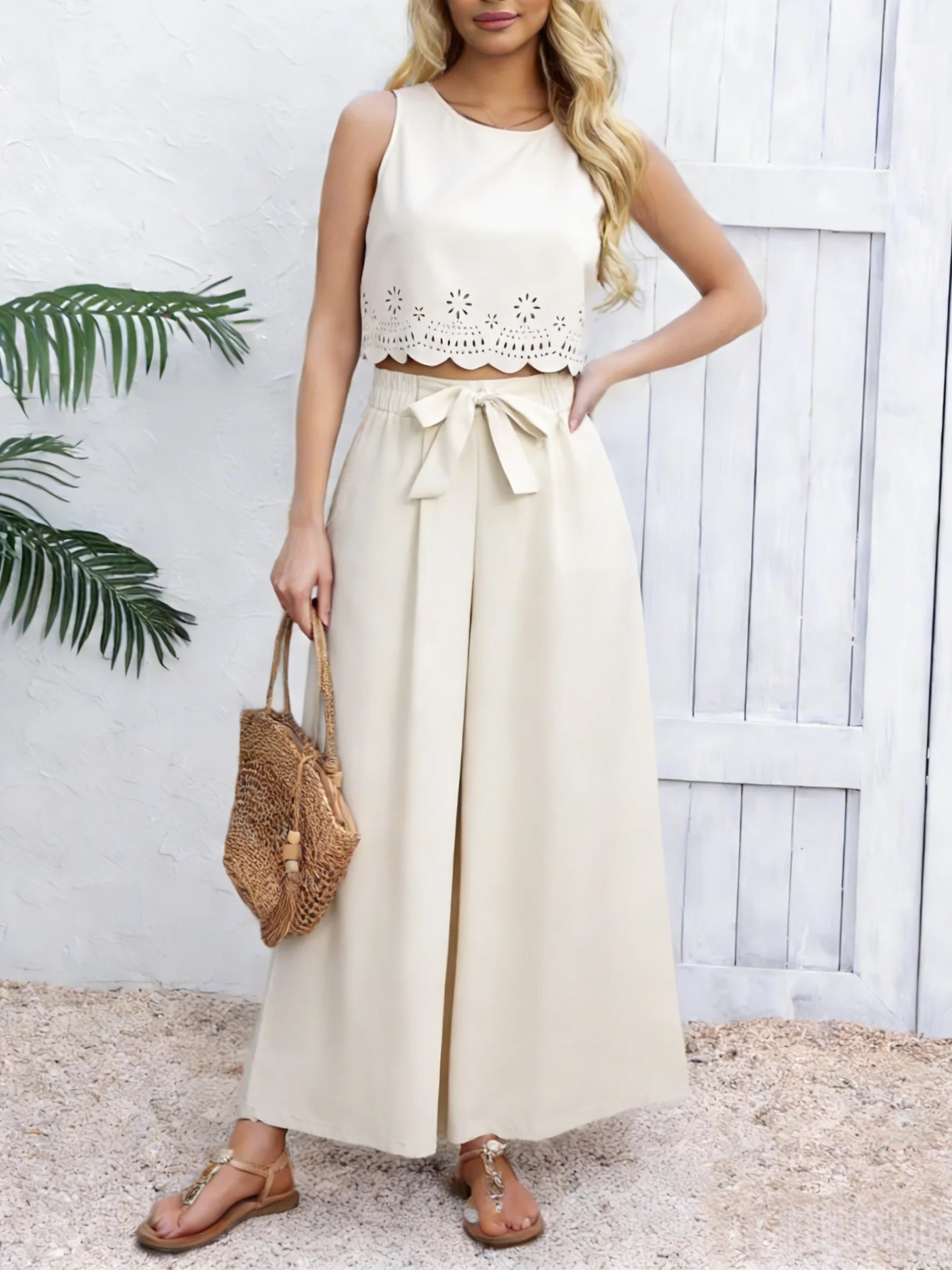 Damen beiges 2-teiliges Set ärmelloses Crop-Top und weite Hose Frühling Sommer Freizeit Pendler Urlaubsoutfit Hauptbild