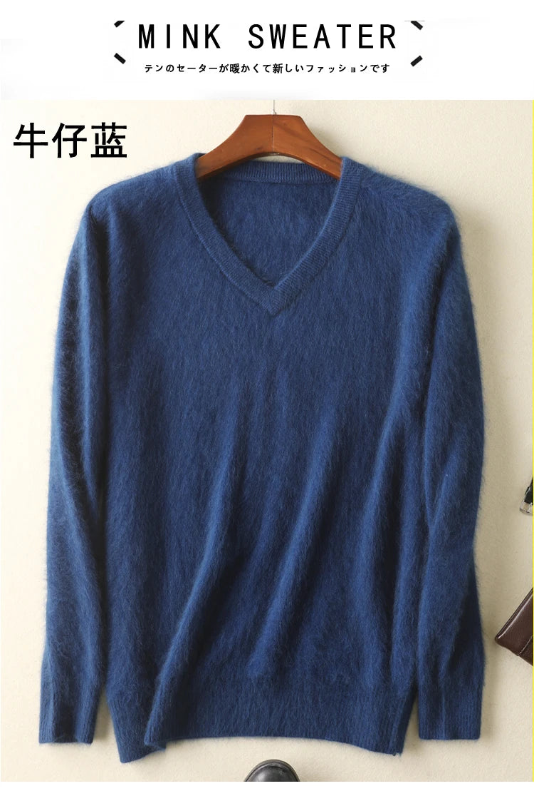 LHZSYY Men's 100% Mink Cashmere Large Size Sweaters Autumn Winter Solid V-neck Casual Knit Pullovers Men Long Sleeve Warm Jumper