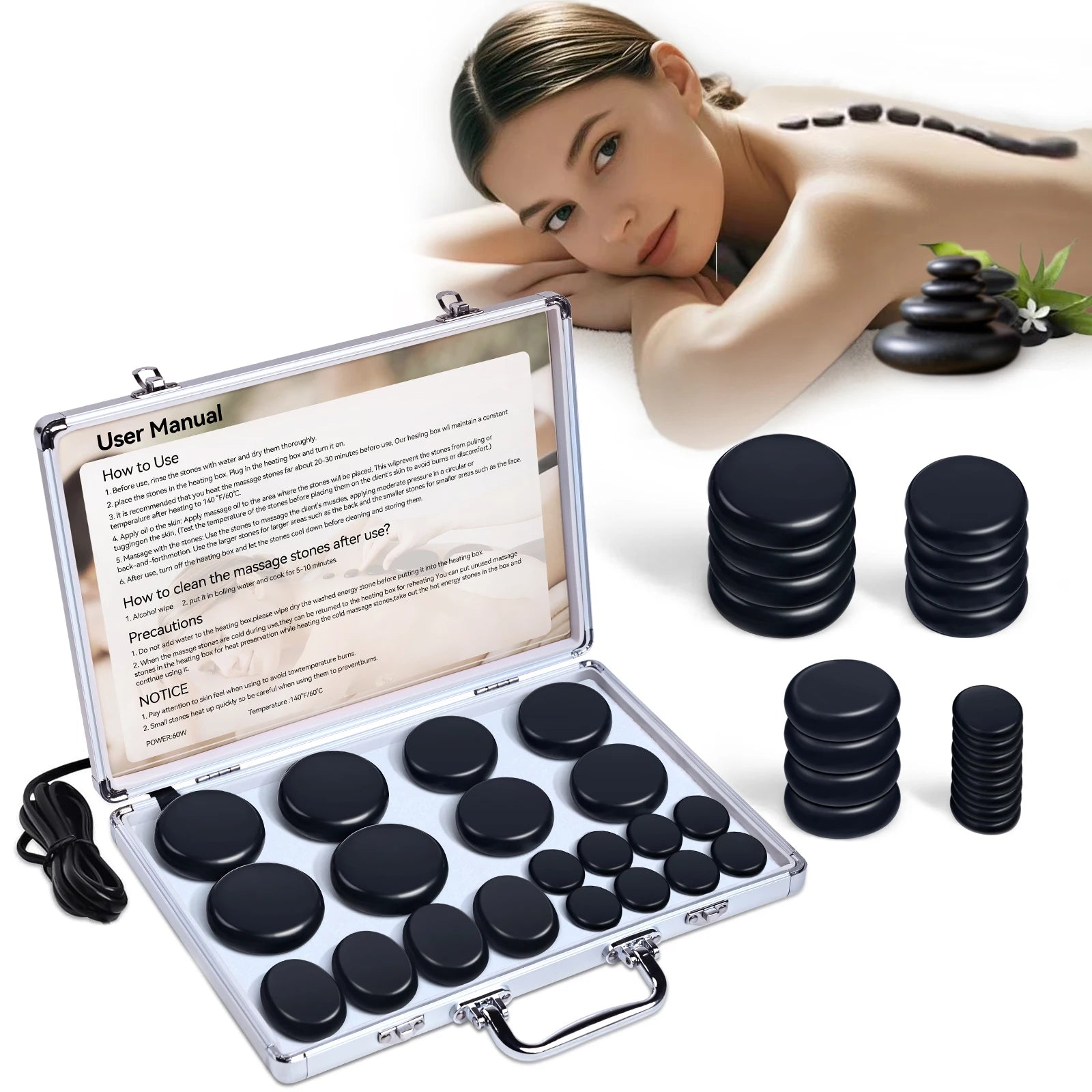HEISSE STEINMASSAGE-SET - Professionelle Spa-Massagegeräte - Für Nacken, Rücken, Bauch, Beine & Ganzkörpermassage