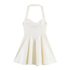 HH Sommer elegantes Neckholder-Faltenkleid einfarbig elegant kurz für Damen sexy rückenfreies ärmelloses Party-Minikleid Mujer