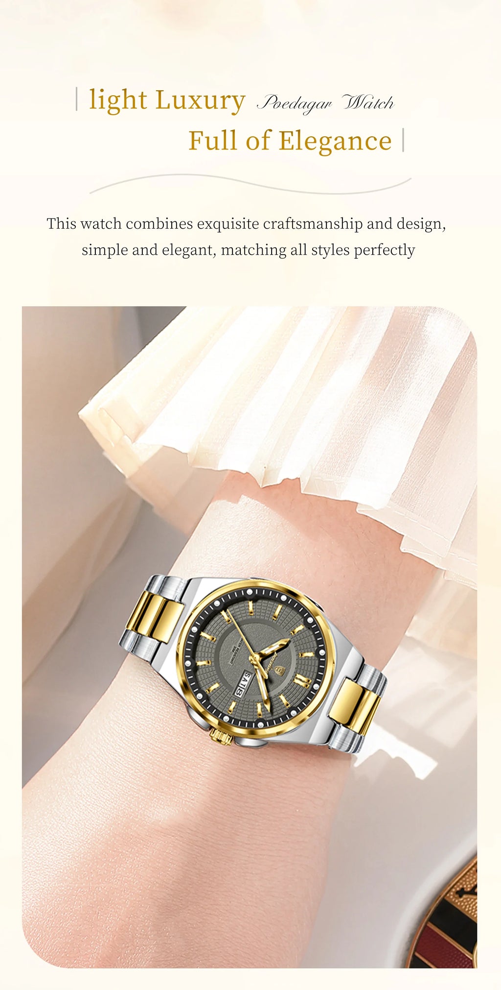 POEDAGAR Fashion Damen-Armbanduhr, Top Elegant, Woche, Datum, Damen-Uhr, Quarz, Edelstahl, Leuchtend, Wasserdicht, Damenuhren, Reloj