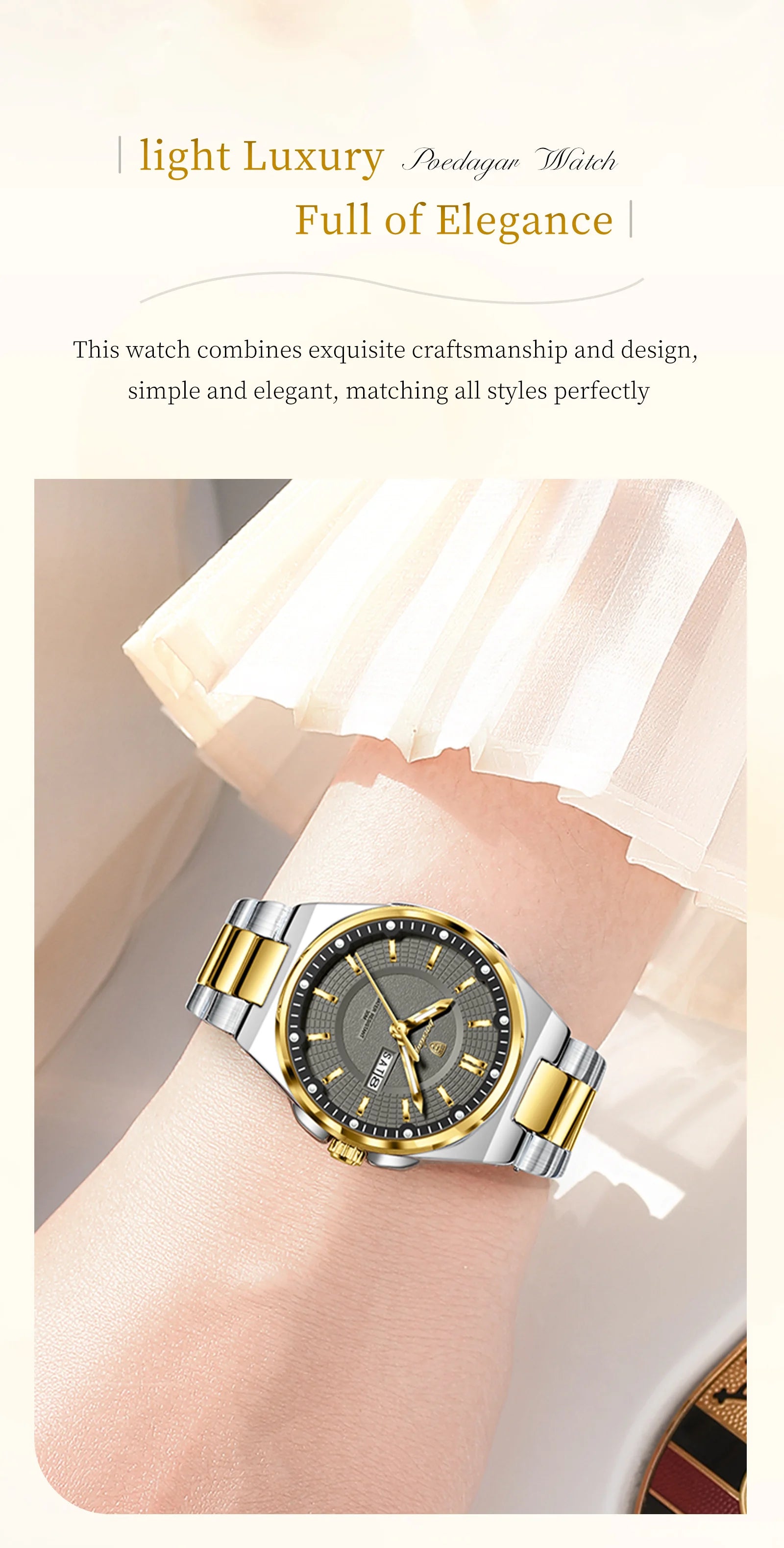 POEDAGAR Fashion Damen-Armbanduhr, Top Elegant, Woche, Datum, Damen-Uhr, Quarz, Edelstahl, Leuchtend, Wasserdicht, Damenuhren, Reloj