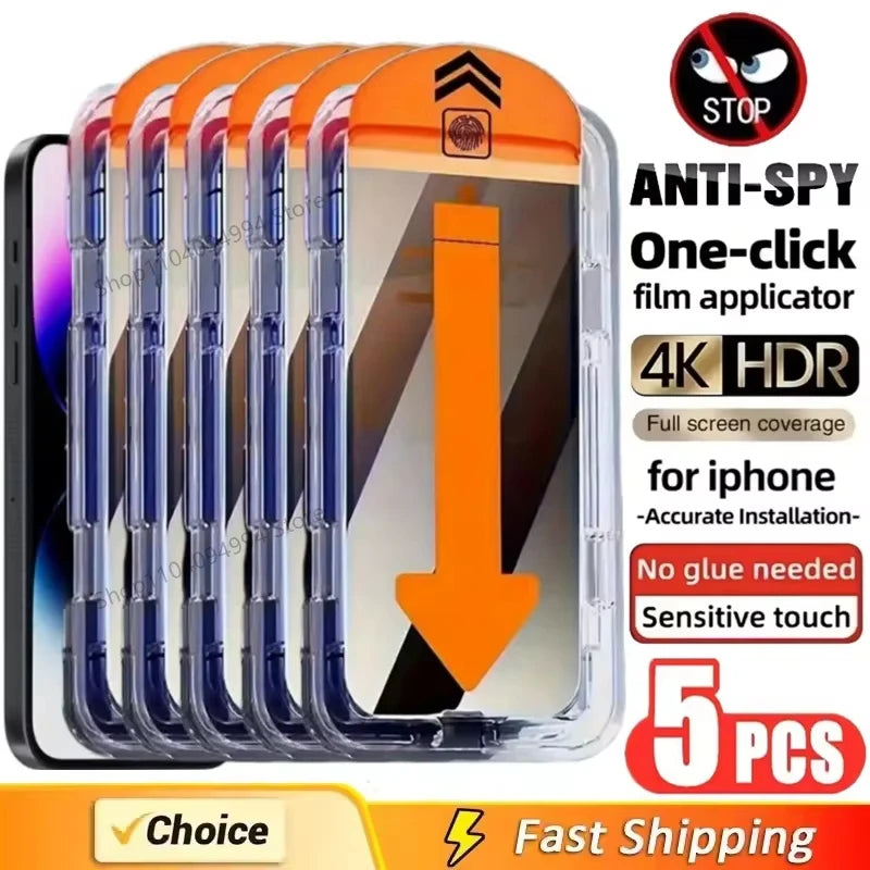 5 Stück staubfreier Blickschutz-Displayschutzfolie für iPhone 17 Pro Max 16 Pro Max 15 14 11 12 13 X XR 16e Air Anti-Spy Glas Einfache Installation