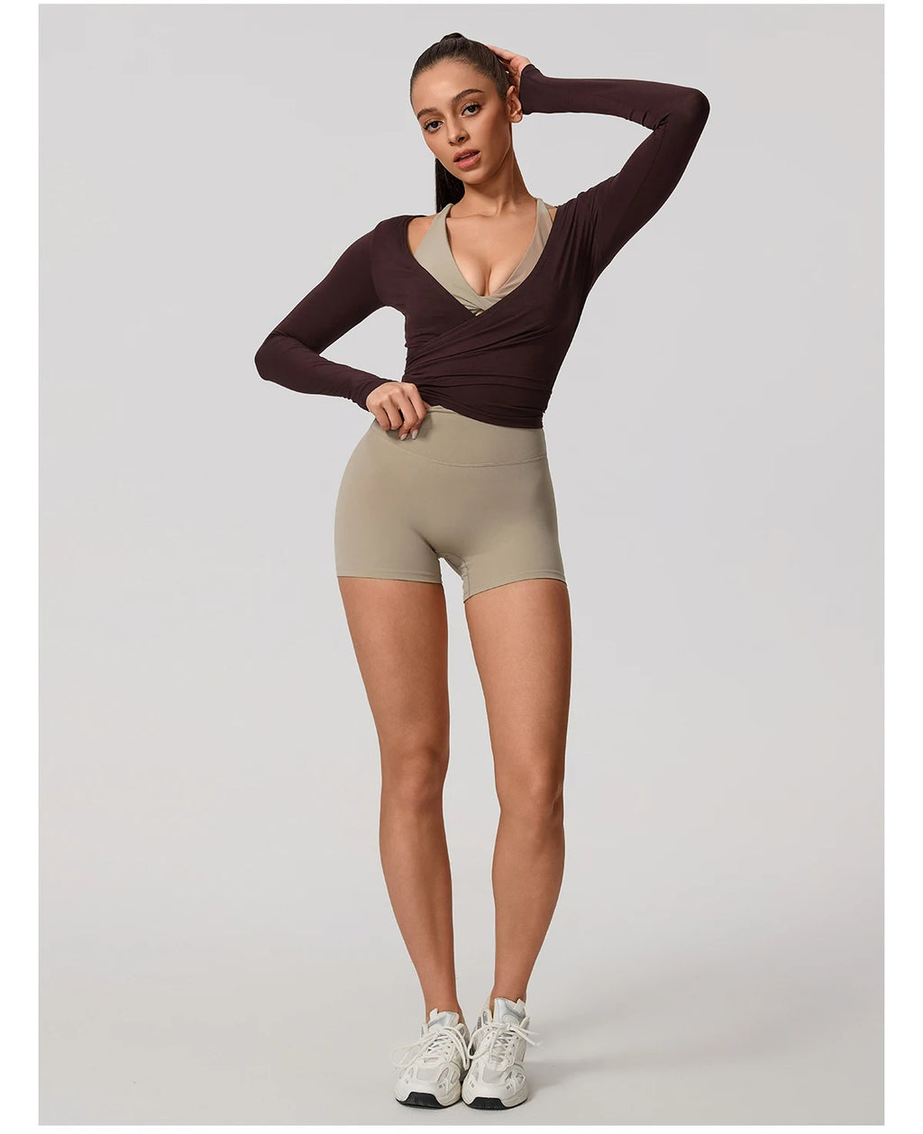 Neue Sommer Damen Yoga Langarm Einteiler Träger Yoga Kleidung Weibliches Training Premium Ballett WickeloberteileFrauen Fitness Sport Top