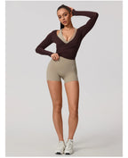 Neue Sommer Damen Yoga Langarm Einteiler Träger Yoga Kleidung Weibliches Training Premium Ballett WickeloberteileFrauen Fitness Sport Top