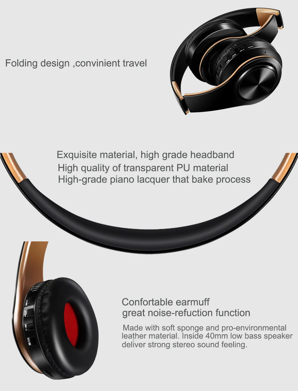 HIFI Stereo Kopfhörer Bluetooth Headset Musikkopfhörer FM und Unterstützung SD-Karte mit Mikrofon für Mobile Xiaomi Iphone Samsung Tablet