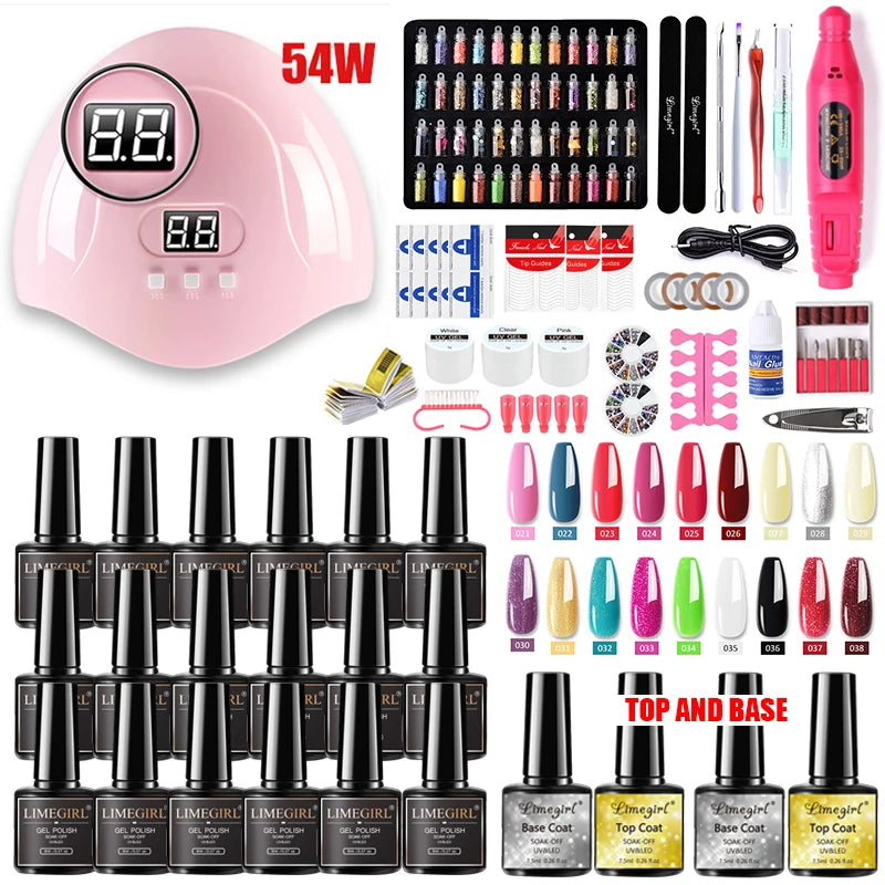 Limegirl Nagelset Nagelgel-Werkzeugset 54W Nagellampe 18/12/7 Farben UV-Gel-Nagellack-Set Enthält Nagelfräser Nagelset