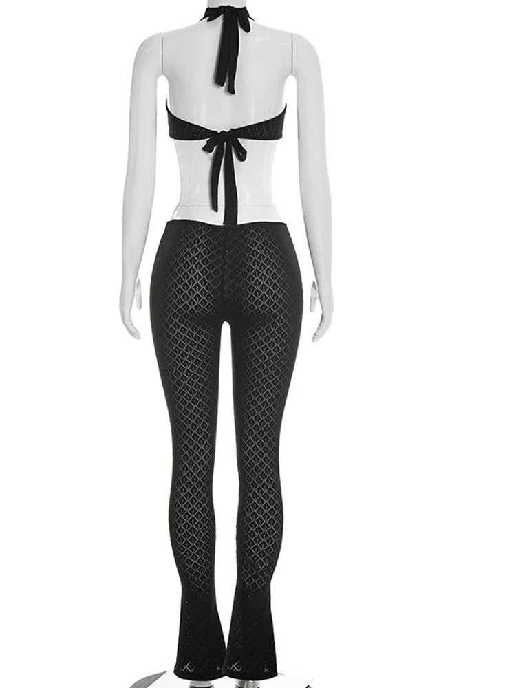 Beyprern Sexy Schwarzer Häkel-Cut-Out-Jumpsuit Damen Halter Neck Rückenfrei Durchsichtig Einteiler Romper Hohe Taille Eng Anliegende Clubwear